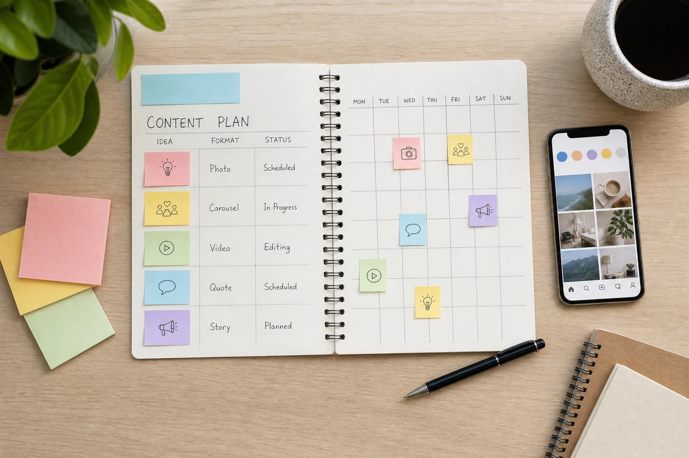 Kalendar kandungan dan caption tersusun untuk seminggu