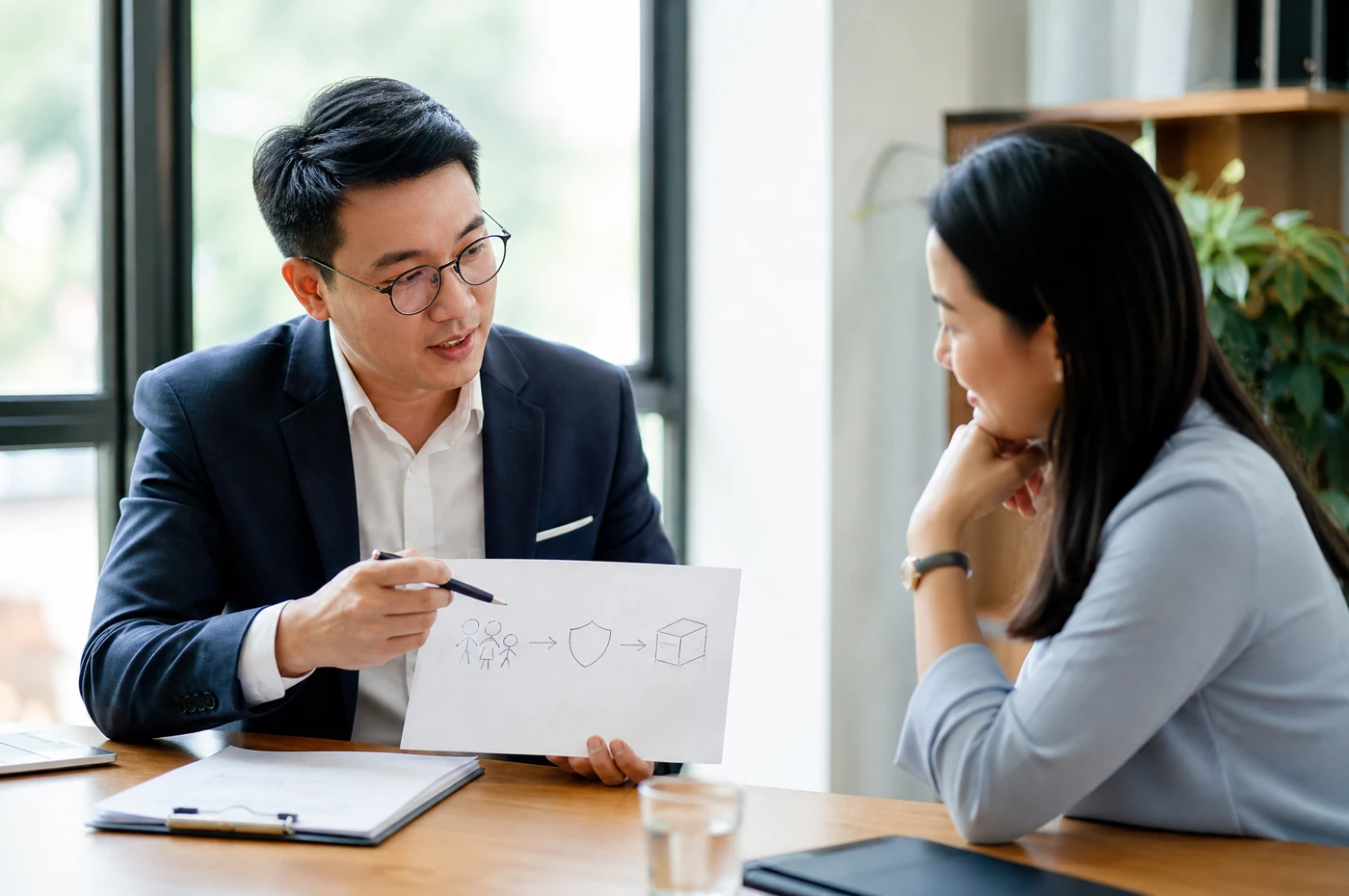 Ejen menerangkan produk insurans kepada client dengan bahasa mudah