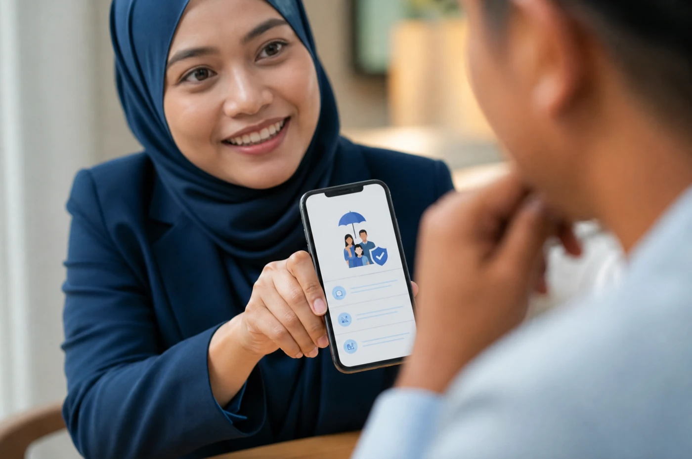 Client mengangguk faham semasa ejen tunjuk penjelasan pada telefon