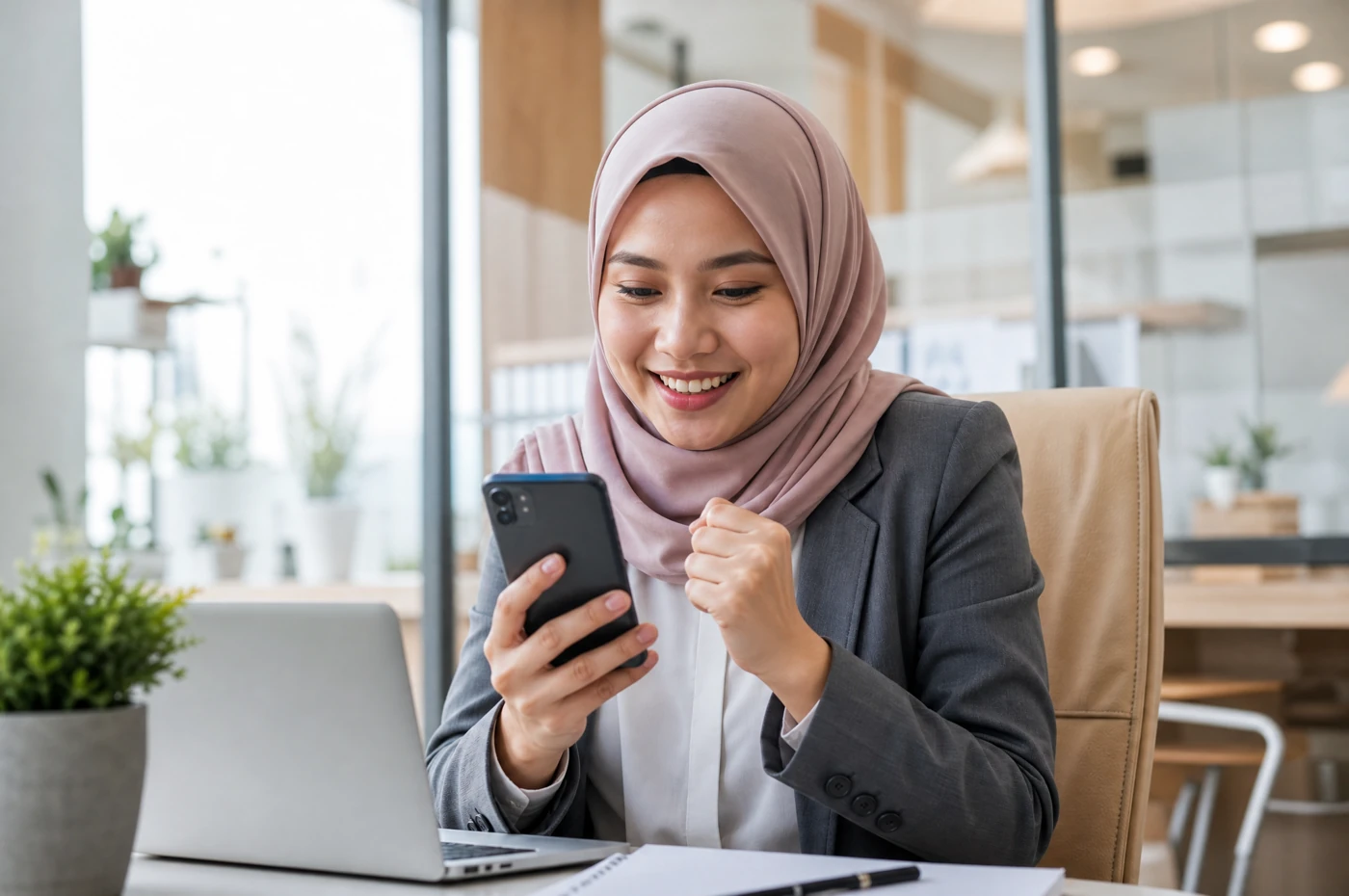 Ejen insurans menerima notifikasi lead baru pada telefon dan terus bertindak balas