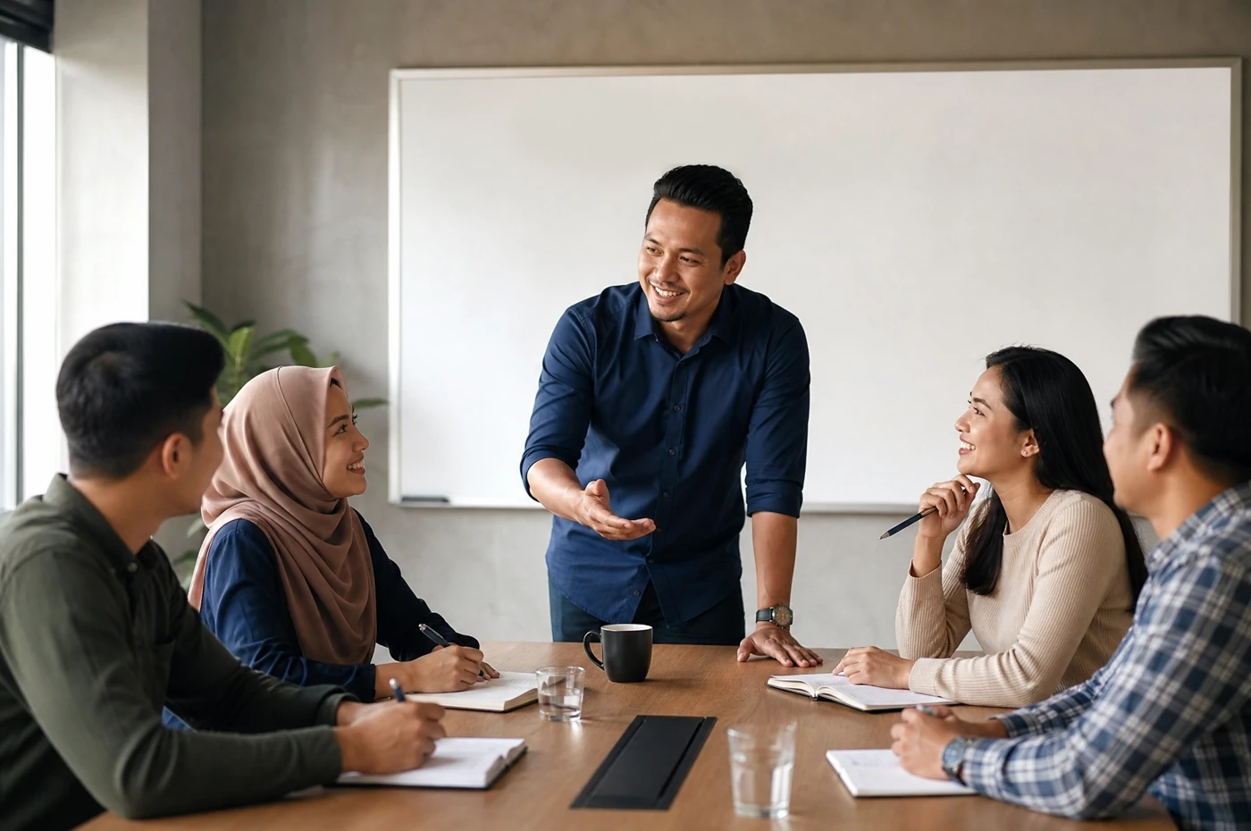 Team leader membimbing ejen insurans baru dalam satu sesi latihan